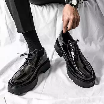 Мужские кожаные туфли, британские деловые повседневные кожаные туфли, корейская версия, большие кожаные туфли, повседневные кожаные туфли на платформе со шнуровкой, лакированная кожа 38