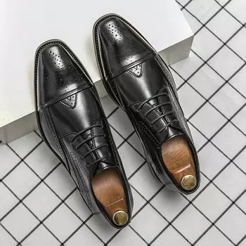 Мужские кожаные туфли Brock Carving для офиса и деловых мероприятий, мужские свадебные туфли дерби с острым носком, черные туфли-оксфорды в стиле ретро 6