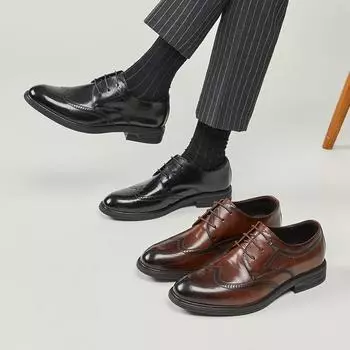 Мужские кожаные туфли-броги из натуральной кожи, мужская повседневная деловая обувь в британском стиле, туфли дерби с резной круглой головкой, свадебные туфли жениха 38 чёрный