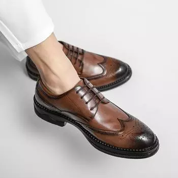 Мужские кожаные туфли на шнуровке, броги, кожаные мужские повседневные туфли-оксфорды, мокасины, блестящая мужская обувь, туфли с острым носком для мужчин 38 чёрный