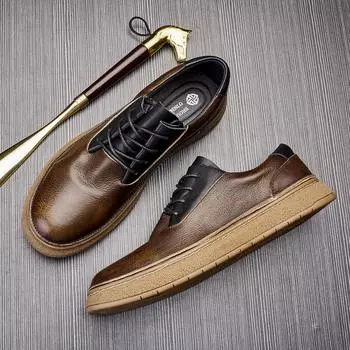 Мужские кожаные туфли на шнуровке, повседневные мужские туфли, деловые туфли в британском ретро-стиле с мягкой подошвой для мужчин 38 хаки