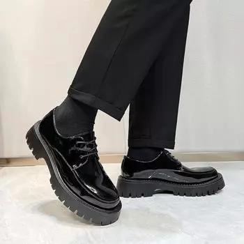 Мужские кожаные туфли на шнуровке в британском стиле, новые ретро-туфли на платформе с круглым носком, маленькие кожаные туфли Stylist Shoes 20353-T 38 чёрный