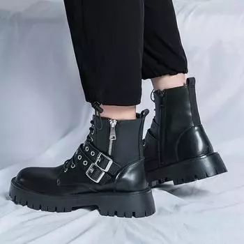 Мужские кожаные туфли на толстой подошве. Модные высокие дизайнерские стили. Для отдыха на природе. Модные вечерние туфли для взрослых. Мотоциклетная обувь 38-45. Популярные 38 чёрный