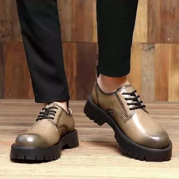 Мужские кожаные туфли на толстой подошве. Модный минималистичный и универсальный стиль. Обувь для отдыха на природе, деловых вечеринок, повседневных свадебных и офисных мероприятий. 38 чёрный