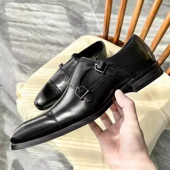 Мужские кожаные туфли, новые деловые туфли из коровьей кожи, туфли Mengke, монки, британский стиль, квадратная голова, черный кофе, осень 2024 г. 37 чёрный