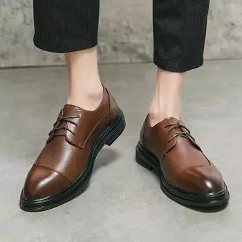 Мужские кожаные туфли с круглым носком Модный джентльменский стиль Повседневные офисные вечеринки на открытом воздухе отдых бизнес свадьбы мужская обувь 38 чёрный