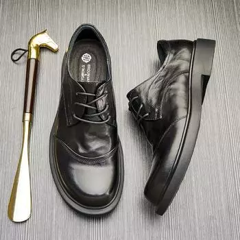 Мужские кожаные туфли с низким верхом, на круглой платформе, из мягкой кожи, на шнуровке, повседневные деловые туфли, модные универсальные туфли небольшого размера из кожи 38 чёрный