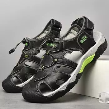 Мужские кожаные уличные сандалии больших размеров, летние повседневные мужские пляжные туфли для отдыха, модные уличные нескользящие сандалии 39 чёрный