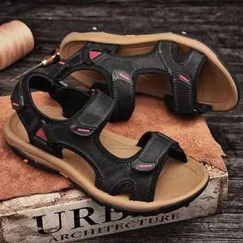 Мужские кожаные уличные сандалии больших размеров. Летние мужские модные уличные повседневные нескользящие пляжные сандалии. 37 чёрный