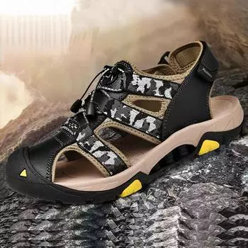 Мужские кожаные уличные сандалии большого размера, нескользящие, износостойкие, дышащие, модные уличные пляжные сандалии 38 чёрный