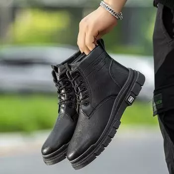 Мужские кожаные высокие ботинки в ретро-британском стиле - новый тренд осени, повседневная рабочая обувь single, 40 чёрный