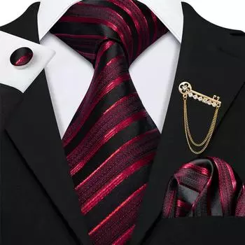 Мужские красно-черные галстуки с золотой брошью, носовые запонки, дизайнерский шелковый галстук, комплект Barry.Wang N-5022