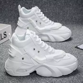 Мужские кроссовки 2024 года из кожи с высоким верхом: Повседневная спортивная обувь, увеличивающая рост, с толстой подошвой, нескользящая 39 белый