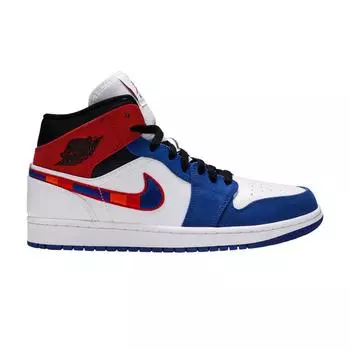 Мужские кроссовки Air Jordan 1 Mid Multicolored Swoosh Сине-Белые 852542-146