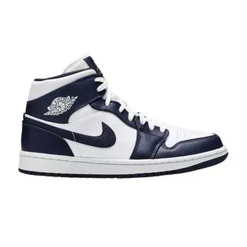 Мужские кроссовки Air Jordan 1 Mid Obsidian Синий Белый Обсидиан-Металлик-Золото 554724-174