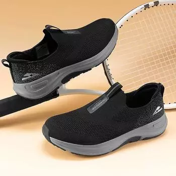 Мужские кроссовки для ходьбы 2024 года, летняя новая летающая тканая дышащая сетчатая обувь для пожилых людей, большой размер 46, спортивная обувь Jinjiang 39 черный серый