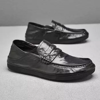 Мужские кроссовки из натуральной кожи, фирменные мягкие мокасины, лоферы, дышащие, без застежек, черные, кроссовки для бега, кроссовки для вождения 38