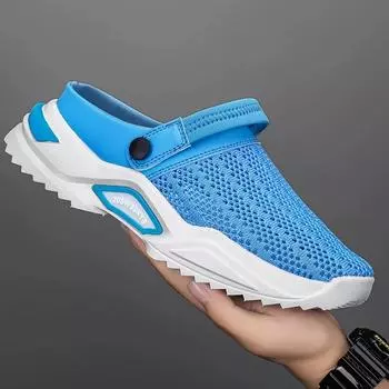 Мужские кроссовки сетчатые мужские туфли для отдыха на природе осенние дышащие мужские повседневные тапочки легкие индивидуальные прогулочные пляжные мужские тапочки 39 чёрный