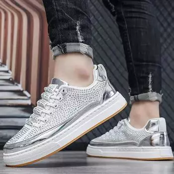 Мужские кроссовки со стразами для отдыха, весна-осень, модные, нескользящие, удобные, плоские, с толстой подошвой, с круглым носком, для ходьбы 39 белый