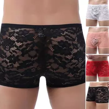 Мужские кружевные трусы, эластичные, U-образные, с заниженной талией, прозрачные, вязанные крючком L
