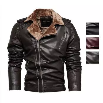 Мужские куртки из искусственной кожи, куртка-бомбер на молнии с флисовой подкладкой, мотобайкерское короткое пальто, стильная осенне-зимняя верхняя одежда из искусственной кожи для гонщиков L коричневый