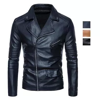 Мужские куртки из искусственной кожи с лацканами и длинными рукавами на молнии, приталенная ретро мотоциклетная куртка, осень-зима, топы-бомберы из искусственной кожи, праздничная повседневная верхняя одежда M темно-синий