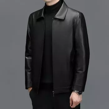 Мужские куртки из натуральной кожи для людей среднего и пожилого возраста Утолщенные пуховики Воротник из лисьего меха Куртки из овчины с воротником из лисьего меха Пуховики M