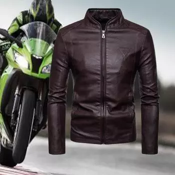 Мужские куртки Мужская куртка из искусственной кожи Классическая куртка с воротником-стойкой, мотоциклетное пальто, облегающий крой, с полной молнией, длинный рукав, осень-зима, для активного отдыха M чёрный