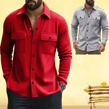 Мужские куртки на пуговицах Мужские осенне-зимние куртки с длинным рукавом и лацканами Однотонные рубашки Повседневные топы Однобортные куртки S чёрный