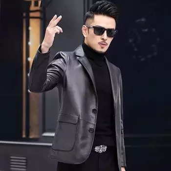 Мужские новые осенние куртки из натуральной кожи с длинным рукавом, мужские тонкие пальто из натуральной овчины, мужские мотоциклетные тонкие пальто на пуговицах O28 M бежевый