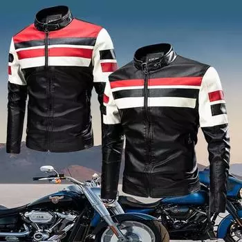Мужские куртки с молнией, контрастные, для езды на мотоцикле, из искусственной кожи, ветрозащитные, утепленные, мужские куртки, осень-зима M красный/чёрный