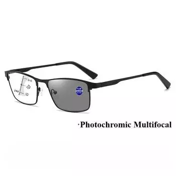 Мужские квадратные многофокусные фотохромные очки для чтения в металлической оправе для бизнеса, пресбиопии, большого размера, для компьютера, защита от синего света +100