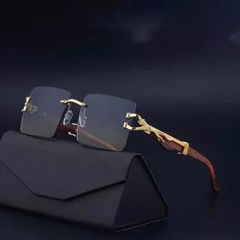 Мужские квадратные женские винтажные модные очки без оправы под дерево без футляра