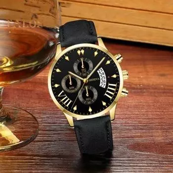 Мужские кварцевые часы Круглый циферблат Три маленьких циферблата Регулируемый ремешок из искусственной кожи Календарь без задержки Проверка времени Высокая точность Ежедневные наручные часы Часы