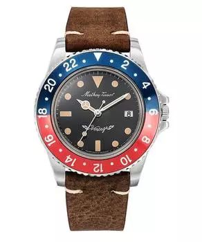 Мужские кварцевые часы Mathey-Tissot H900ALR с кожаным ремешком в винтажном стиле и черным циферблатом чёрный