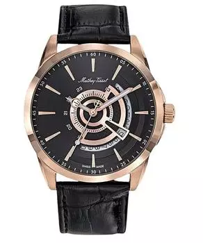 Мужские кварцевые часы Mathey-Tissot Mondo с кожаным ремешком и черным циферблатом H711PN чёрный