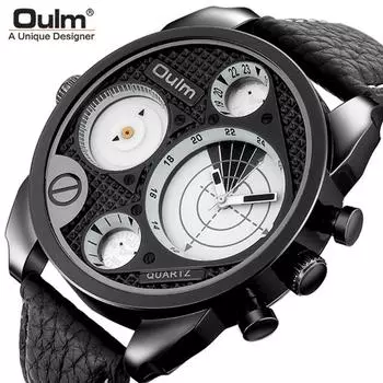 Мужские кварцевые часы Oulm с большим циферблатом, крутые кожаные мужские часы с двумя часовыми поясами, новые GTM Two Time, модные и повседневные