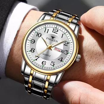 Мужские кварцевые часы с большим цифровым циферблатом и ремешком из нержавеющей стали, модные деловые водонепроницаемые светящиеся мужские часы с дисплеем даты