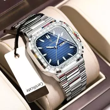 Мужские кварцевые часы с бриллиантами, двойной циферблат с календарем, водонепроницаемые модные часы с ночной подсветкой, праздничные подарки, изысканные подарочные часы для мужчин синий/серебряный