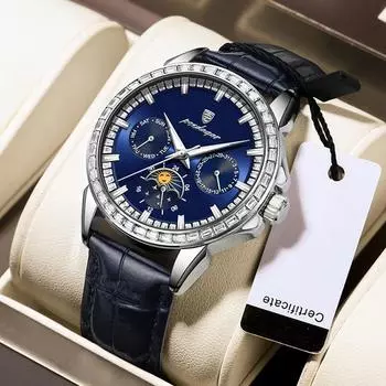 Мужские кварцевые часы с бриллиантами, тремя циферблатами, шестью иглами, фазами Луны, водонепроницаемые светящиеся деловые часы, подарочные часы для праздников синий/серебряный