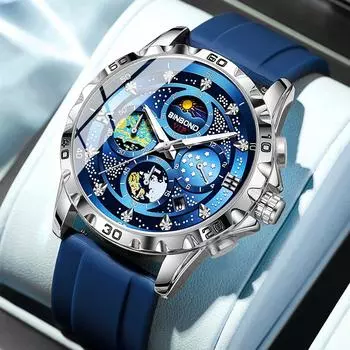 Мужские кварцевые часы с циферблатом с тремя глазами, 24-часовым окошком с календарем фаз Луны, водонепроницаемые светящиеся кварцевые часы синий/белый