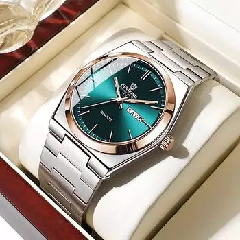 Мужские кварцевые часы с двойным календарем из нержавеющей стали, водонепроницаемые, светящиеся, мужские деловые часы, изысканные мужские подарочные часы чёрный/серебряный