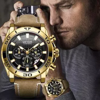 Мужские кварцевые часы с хронографом и кожаным ремешком, светящиеся водонепроницаемые наручные часы, мужские часы Relogios с шестью иглами и светящимися часами чёрный