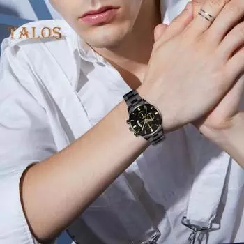 Мужские кварцевые часы с круглым циферблатом, календарем, ремешком из нержавеющей стали, с тремя глазами, без задержки, с проверкой времени, высокой точностью, ежедневные наручные часы, официальные деловые часы