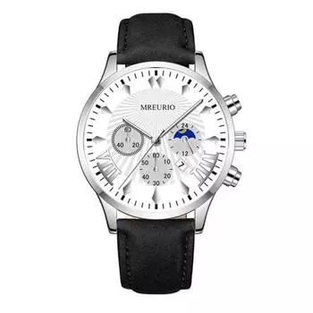 Мужские кварцевые часы с круглым циферблатом, календарем с тремя глазами, ремешок из искусственной кожи, без задержки, проверка времени, высокая точность, ежедневные наручные часы, аналоговые часы серебряный/белый