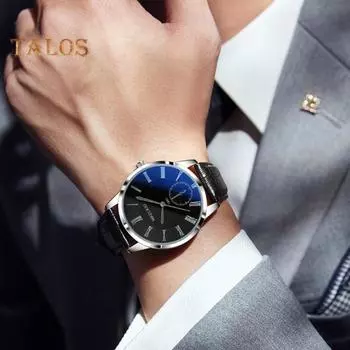 Мужские кварцевые часы с круглым циферблатом, римские цифры, синий свет, ремешок из искусственной кожи, без задержки, проверка времени, высокоточные ежедневные наручные часы, аналоговые часы чёрный