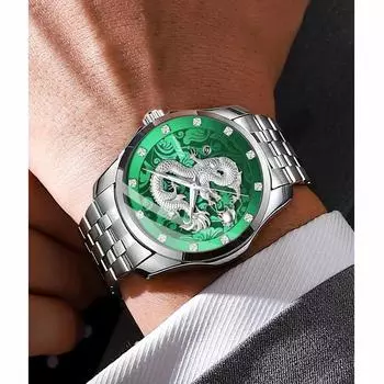 Мужские кварцевые часы с рисунком дракона, серебряные, из нержавеющей стали, с календарем, повседневные наручные часы для мужчин, водонепроницаемые, для ежедневного подарка на вечеринку чёрный/серебряный
