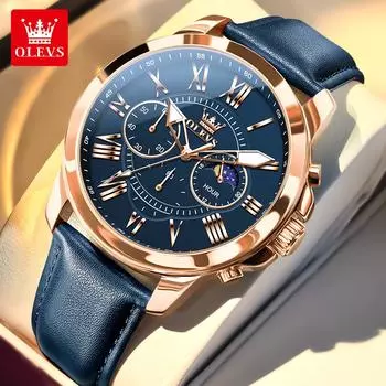 Мужские кварцевые часы с тремя глазами и фазами Луны, водонепроницаемые, светящиеся, спортивные, праздничные, деловые часы золотой