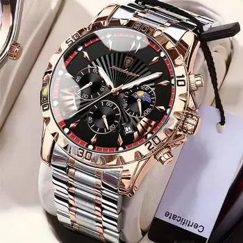 Мужские кварцевые часы с тремя глазами, многофункциональные, с 24-часовым указателем фаз Луны, водонепроницаемые, с подсветкой, с календарем, деловые мужские часы серебряный/чёрный