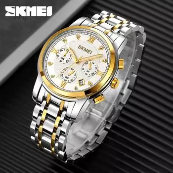 Мужские кварцевые часы Skmei Moment Beauty с шестью стрелками, хронографом, трехглазым циферблатом, стальным ремешком, деловые мужские часы